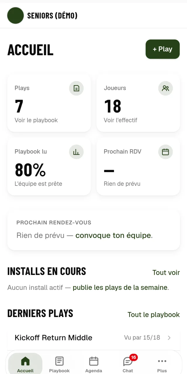 L'accueil du coach&nbsp;: 7 plays, 18 joueurs, playbook lu à 80 %, prochain rendez-vous, installs en cours et derniers plays.