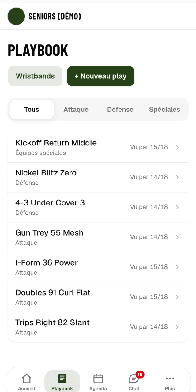 Le playbook de l'équipe Seniors&nbsp;: sept plays classés attaque, défense et équipes spéciales, chacun avec le nombre de joueurs qui l'ont vu, par exemple vu par 15 sur 18.