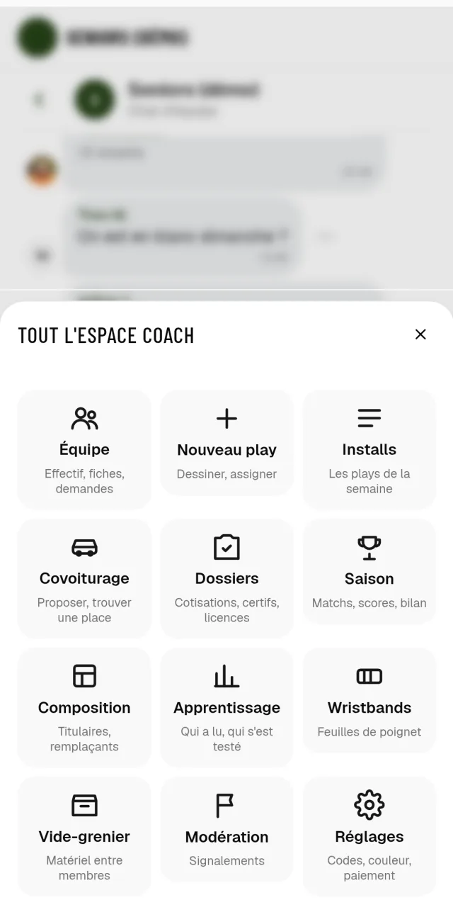 L'espace coach&nbsp;: équipe, nouveau play, installs, covoiturage, dossiers, saison, composition, apprentissage, wristbands, vide-grenier, modération, réglages.